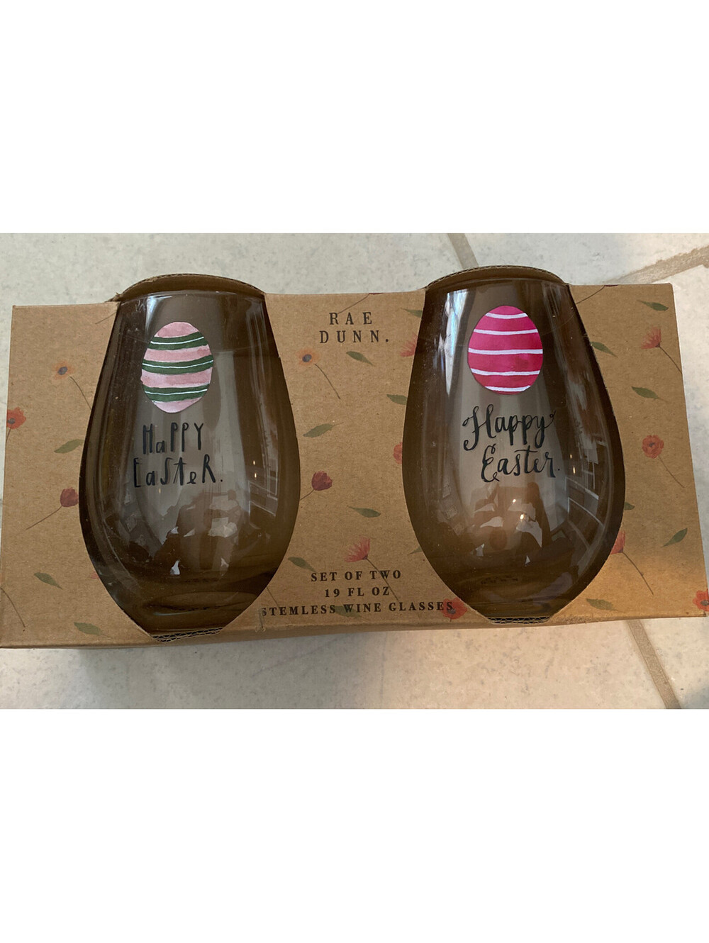 Rae Dunn Easter Stemless Wine Glasses Set Of 2 19oz Rare Eggs April Pink BNIB